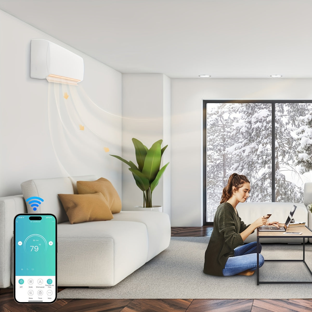 Ductless Mini Split Air Conditioner and Heat Pump, 11500 BTU WiFi Inverter System with Remote Control, Installation Kit and Washable Filter