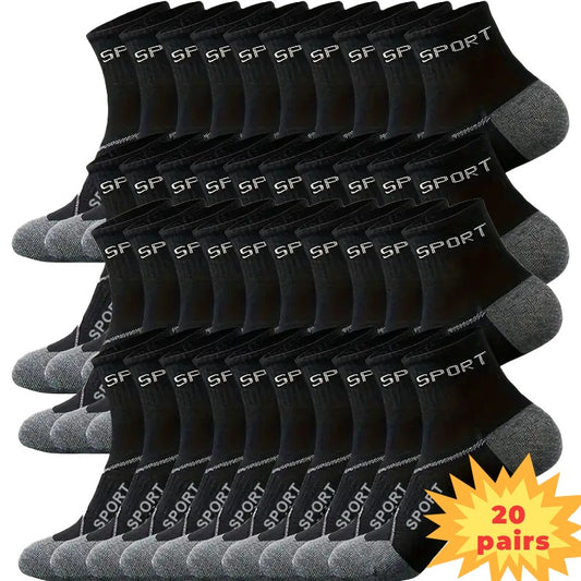 Men's Grey Athletic Socks 20-Pair Pack with Reinforced Heel and Toe, Moisture-Wicking Polyester Knit and Letter Design for Running and Casual Wear