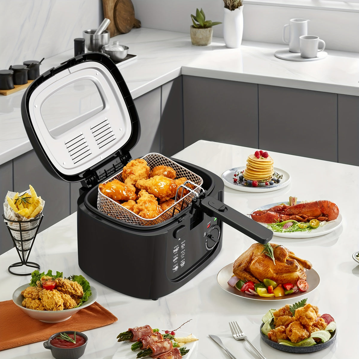 Adjustable Electric Deep Fryer with Listed 1500W Power and 84.54 Oz Capacity, Nonstick Basket, Viewing Window and Removable Lid in Black or White for Home Cooking