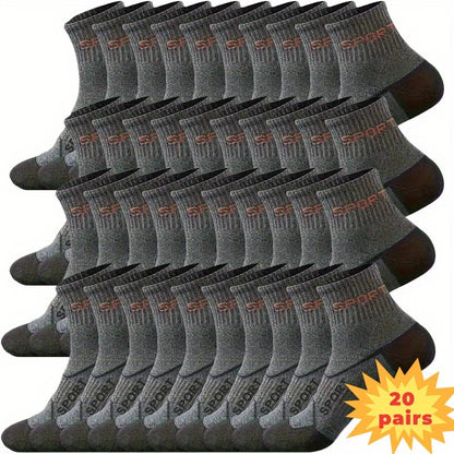 Men's Grey Athletic Socks 20-Pair Pack with Reinforced Heel and Toe, Moisture-Wicking Polyester Knit and Letter Design for Running and Casual Wear