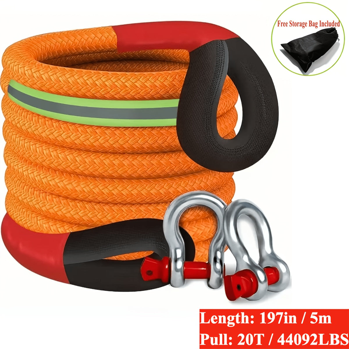 Nylon Tow Rope Kit with Two Steel U-Shaped Hooks and Storage Bag, Listed 16.4-Foot Length in Three Model Options for Compatible Vehicle Equipment