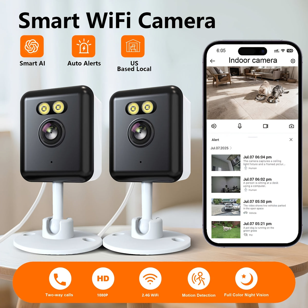 App-Controlled Indoor Security Cameras with 2.4GHz WiFi, Full-Color Night Vision and Two-Way Audio, Four-Pack or Two-Pack 3MP Human-Detection Options
