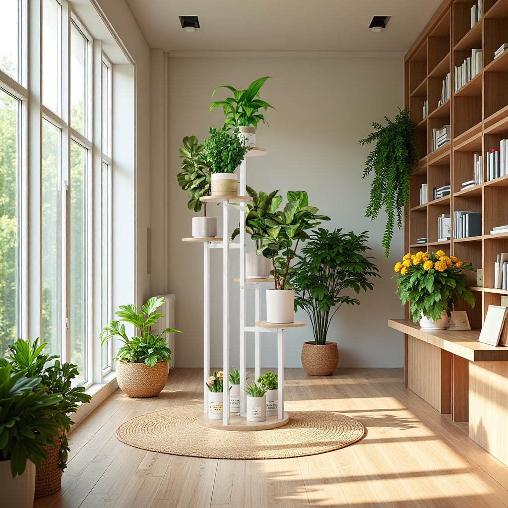 Six-Tier Metal Plant Stand by SUOERNUO with Listed Nine-Pot Display Layout, EVA Base Pads and Black or White Options for Indoor Corner Decor
