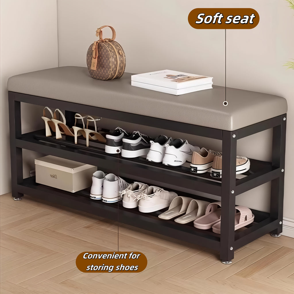 Shoe Storage Bench with Soft Seat Cushion, Metal Frame and Multi-Compartment Design in Grey or Orange, 24 or 32 Inch Model Labels for Entryway Organization