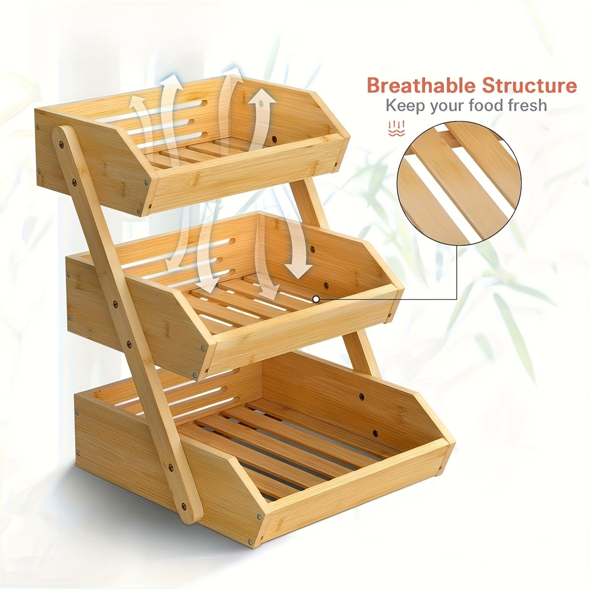 Wooden Fruit Basket Stand for Kitchen Countertops, Two or Three Tier Open Slat Produce Organizer with Natural Wood Finish and Detachable Hooks for Fruit, Bread and Packaged Snacks