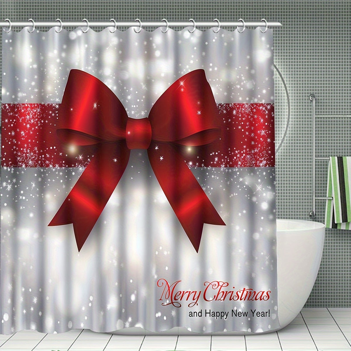 Christmas Shower Curtain Set with 12 Hooks, Four-Piece Merry Christmas Bathroom Decor with Polyester Curtain, Bath Mat, U-Shaped Mat and Toilet Lid Cover