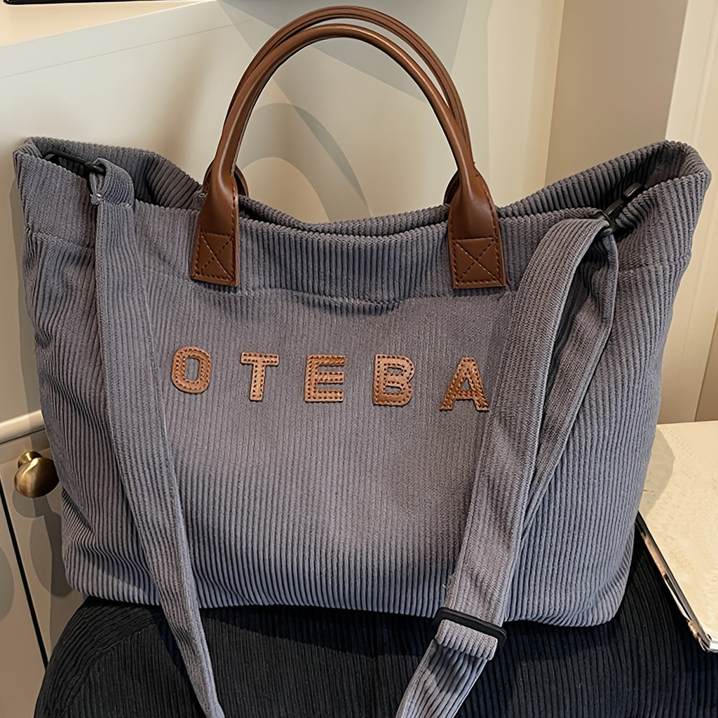 Corduroy Crossbody Tote Bag for Women with Adjustable Strap and Listed Hook-and-Loop Closure, Solid Color Shoulder Handbag for Commuting, Shopping and Casual Travel