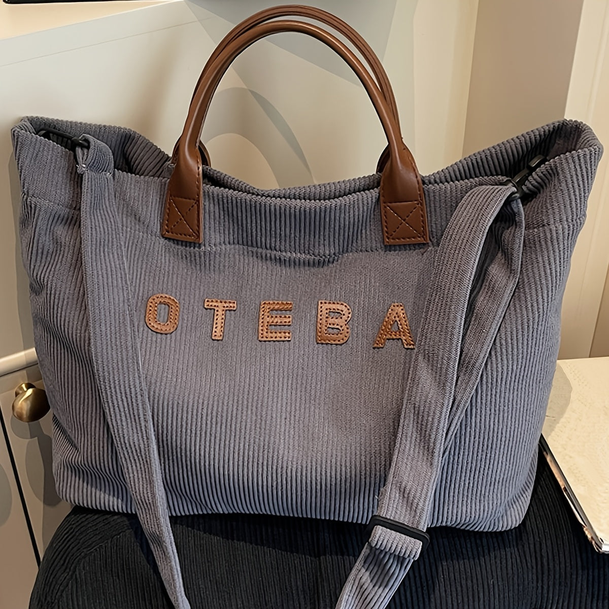 Corduroy Crossbody Tote Bag for Women with Adjustable Strap and Listed Hook-and-Loop Closure, Solid Color Shoulder Handbag for Commuting, Shopping and Casual Travel