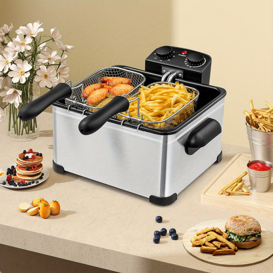 Triple Basket Electric Deep Fryer by Costway with 5.3QT Oil Container, Listed 1700W Heating, Adjustable Temperature and 60-Minute Timer in Black+Silver