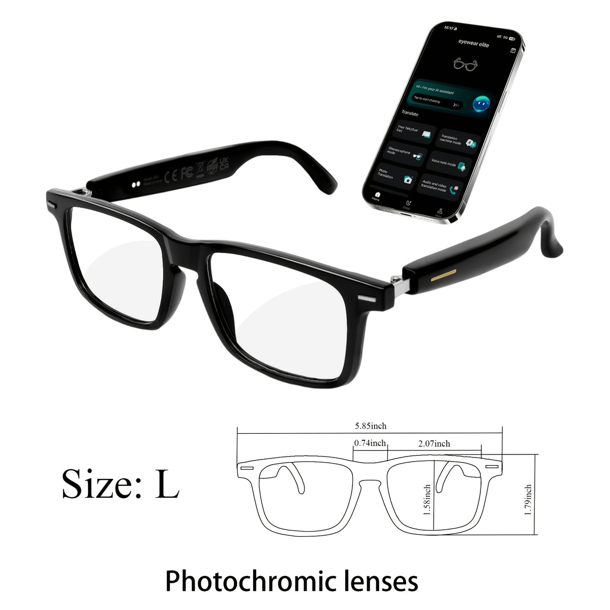 Audio Translation Glasses with Listed 160-Language Translation, GPT Chat, Music and Calls, Photochromic, Color-Changing and Anti-Blue Light Lens Options
