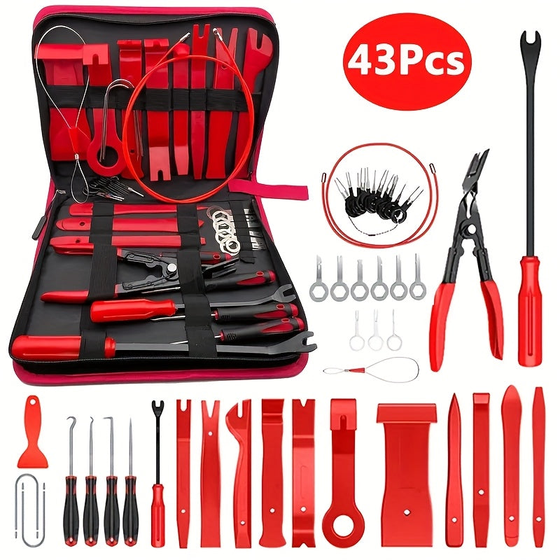 43-Piece Auto Interior Removal Tool Set with Terminal Keys, Pliers, Audio Removal Tools, Hooks, Picks and Film Scrapers for Compatible Car Repair Tasks