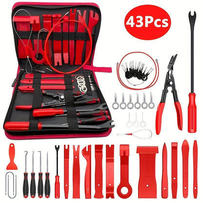 43-Piece Auto Interior Removal Tool Set with Terminal Keys, Pliers, Audio Removal Tools, Hooks, Picks and Film Scrapers for Compatible Car Repair Tasks