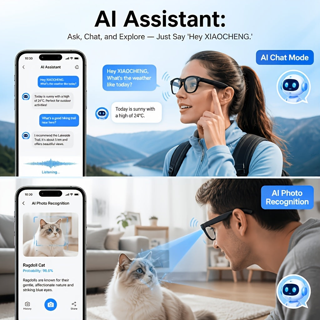 Black Smart Camera Glasses with Listed 8MP Photos, 1080P Video, Photochromic Lenses, Dual Speakers and 260mAh Type-C Charging for Travel and Office Use