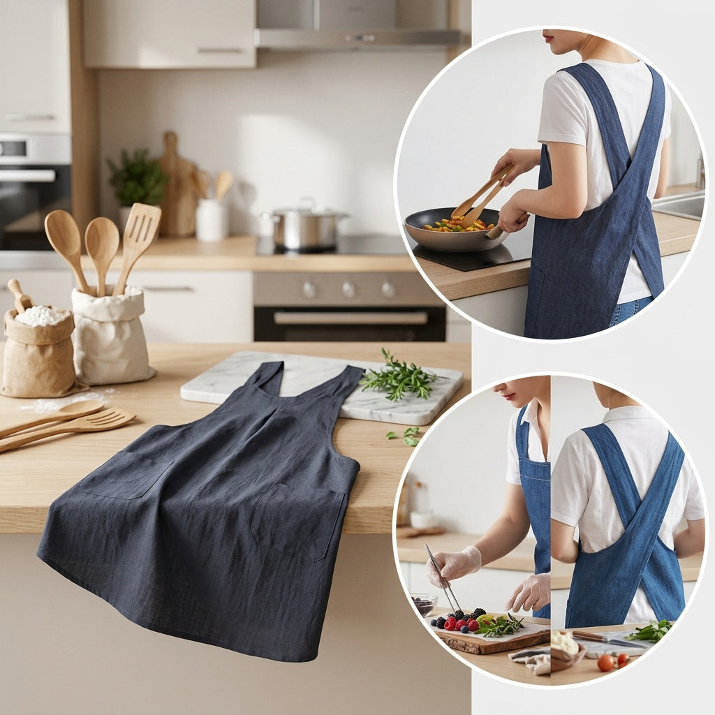 Women's Vintage Kitchen Apron with Adjustable Strap and No-Tie Closure, Solid Color Retro Cooking Apron in Grey, Mint Green or Blue Navy for Everyday Home Tasks