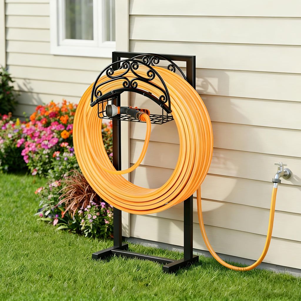 Metal Garden Hose Storage Rack, Black Detachable Outdoor Water Hose Holder with Single-Leg and Double-Feet Options for Garden, Patio and Lawn Organization