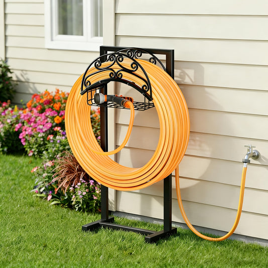 Metal Garden Hose Storage Rack, Black Detachable Outdoor Water Hose Holder with Single-Leg and Double-Feet Options for Garden, Patio and Lawn Organization