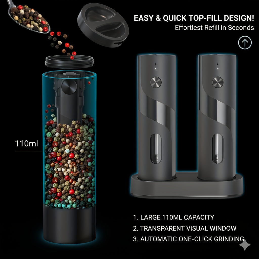 LED Salt and Pepper Grinder with Rechargeable Electric Grinding and Adjustable Coarseness, Black or Green Options Including Two-Piece Charging-Base Labels