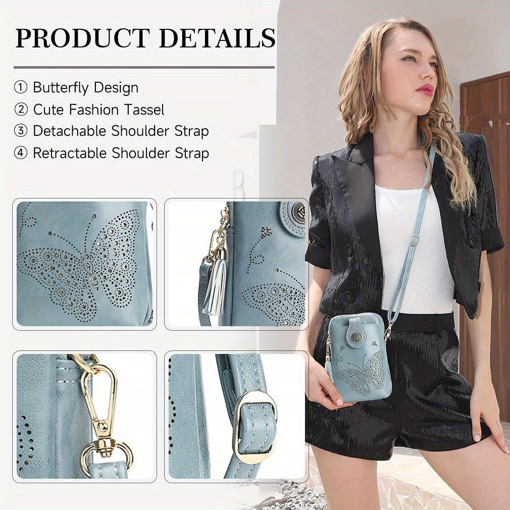 Butterfly Crossbody Phone Purse for Women with Shiny Pattern, Tassel, Adjustable Shoulder Strap and Zipper Closure in Five Colors for Everyday Outings