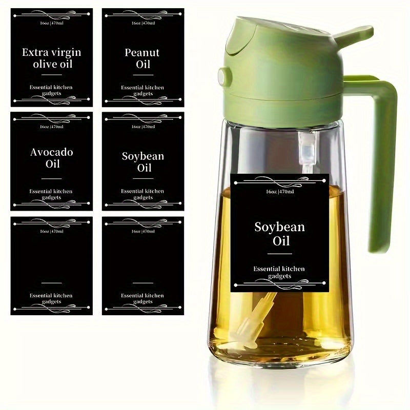 Olive Oil Sprayer and Dispenser Bottle, Listed 16 Oz Dark Green Glass with Black Cap and Six Stickers for Two-in-One Pouring and Cooking Oil Spray in Kitchen and BBQ Prep