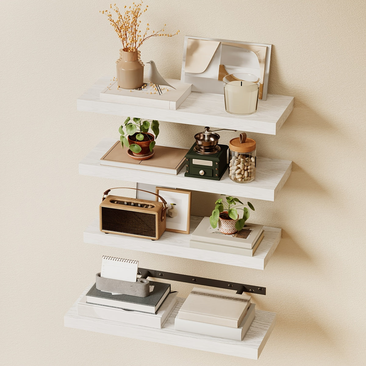 Rustic Wood Floating Shelves by TOMNK with Listed 15.8-Inch Size, Four or Eight-Piece Wall Shelf Sets for Bedroom, Living Room and Kitchen Storage Displays