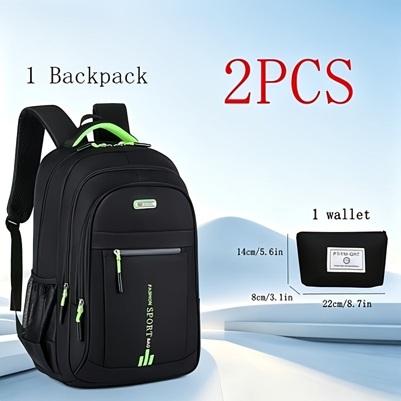 Minimalist Student Backpack in Black or Green for School, College and Everyday Commuting, Laptop-Style Travel Bag with Listed Two-Piece Package Reference
