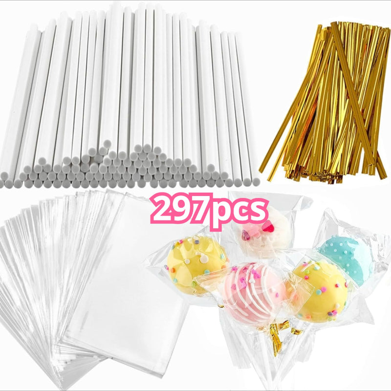 Cake Pop Treat Bag Kit, 297-Piece Mixed Set of Plastic Bags, Lollipop Sticks and Golden Metallic Twist Ties for Candy Packaging and Party Favor Presentation