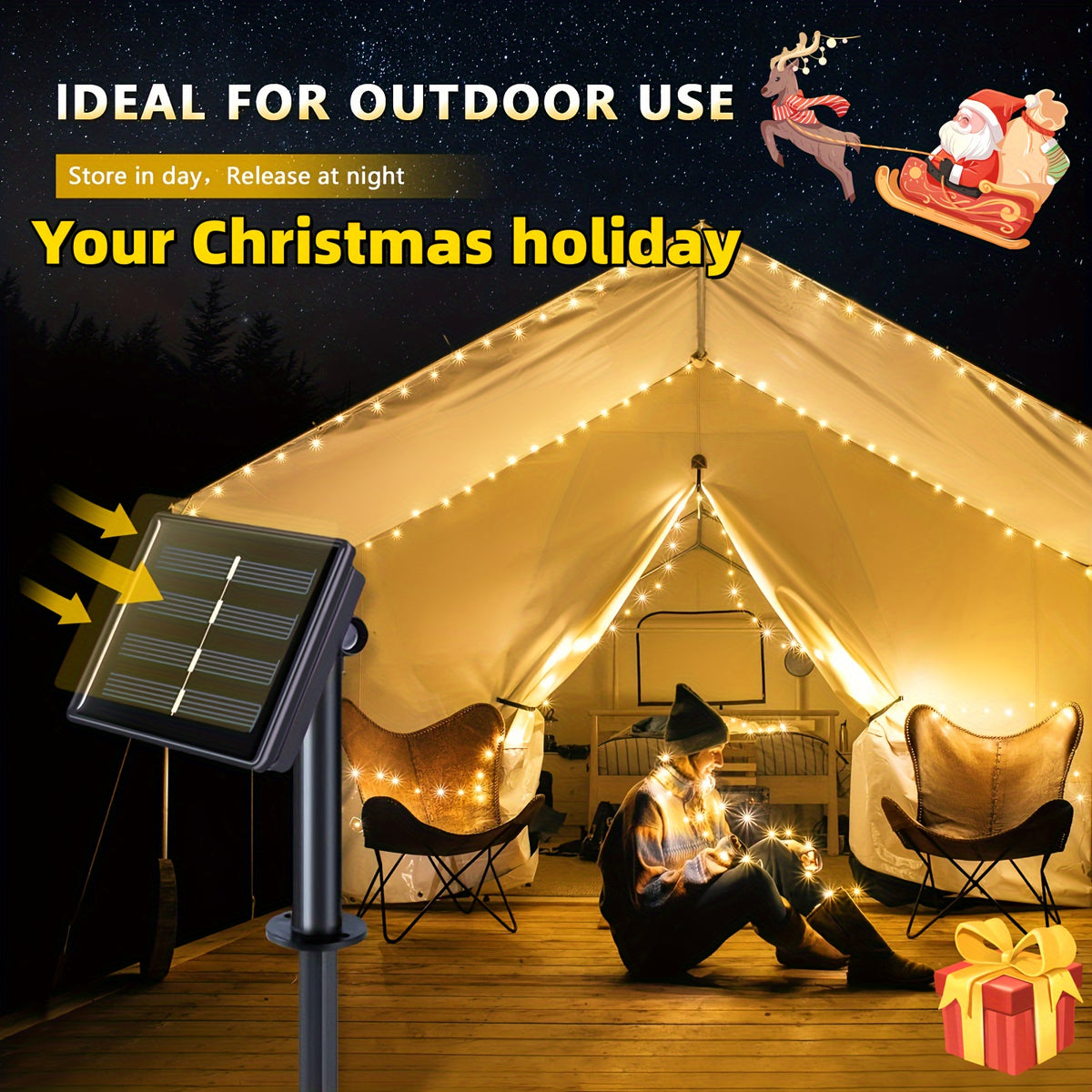 Two-Pack Solar Fairy Lights in Warm White, White or Multicolor, Eight-Mode Wording for Garden, Tree and Holiday Displays with 104Ft 300LED Size Label