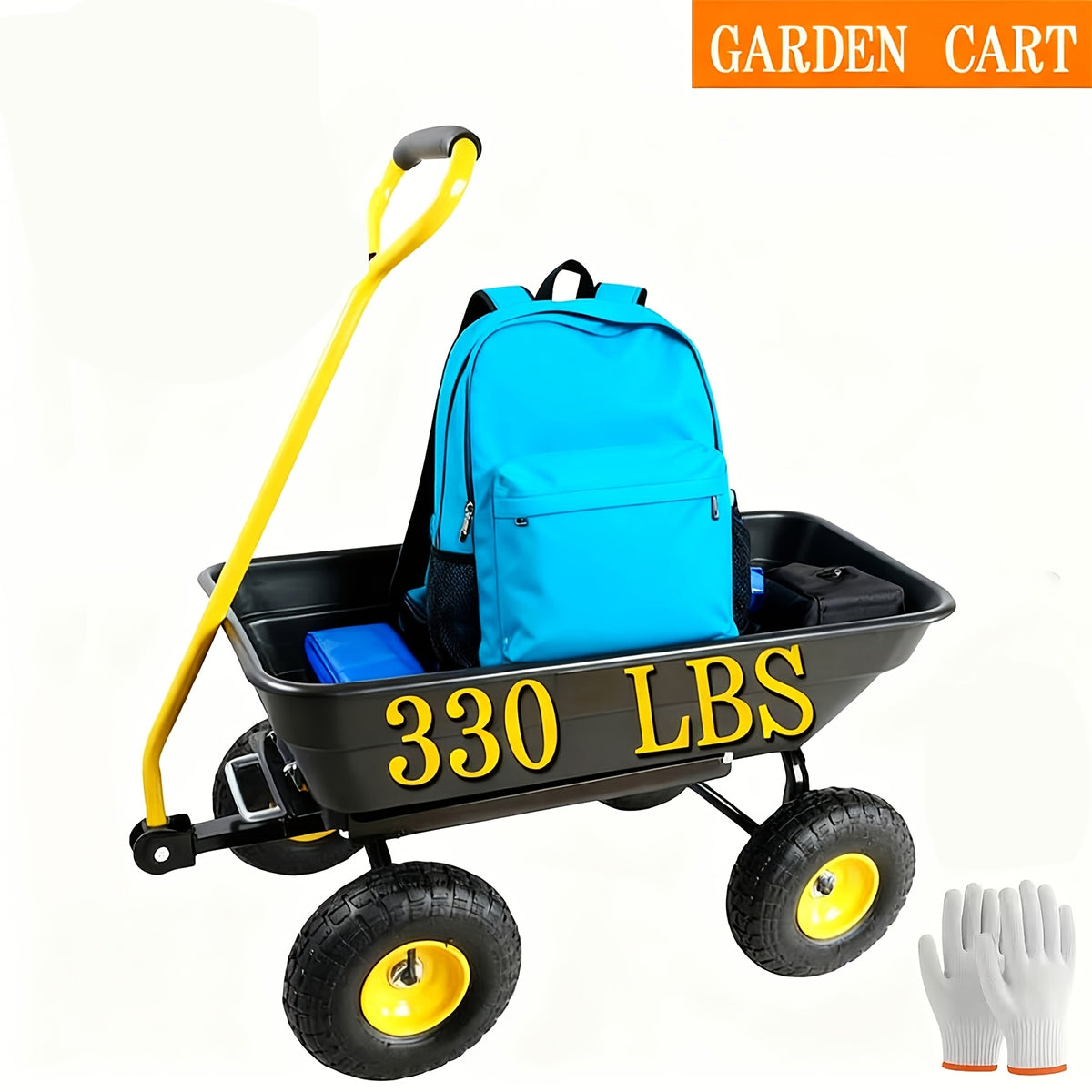 Poly Garden Dump Cart with Steel Frame, Listed 10-Inch Pneumatic Tires and 180-Degree Swivel Handle, Black or Green Option Labels for Lawn and Yard Supply Transport