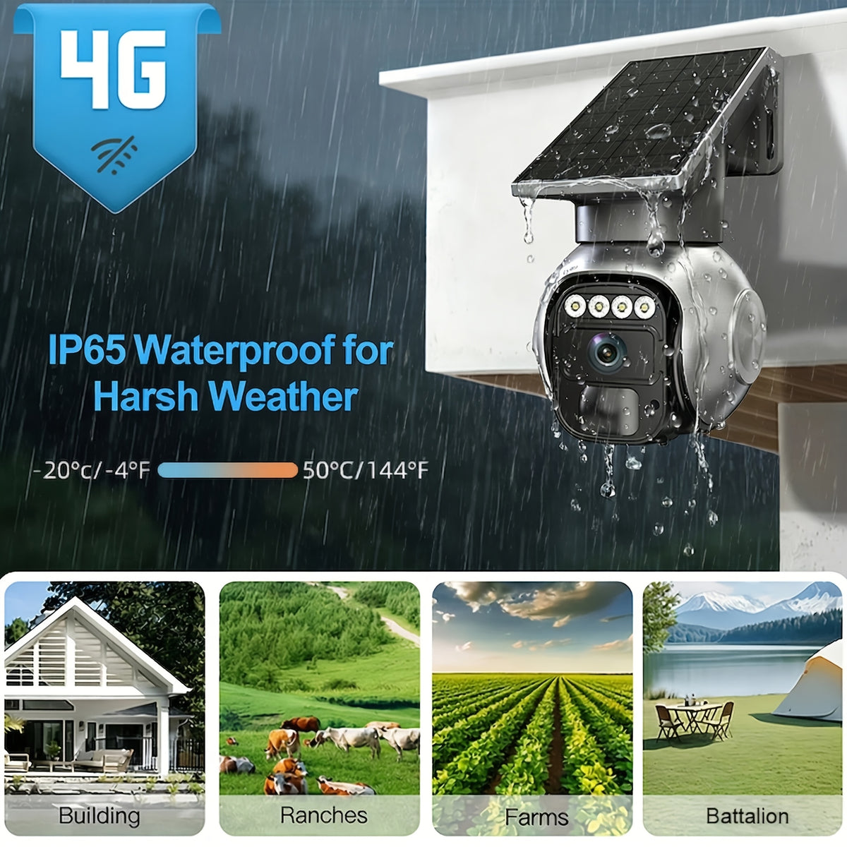 3MP Cellular Solar Security Camera with No-WiFi 4G LTE, Pan Tilt Human Tracking, Night Vision and Two-Way Audio for Farm, Ranch and Rural Home Monitoring