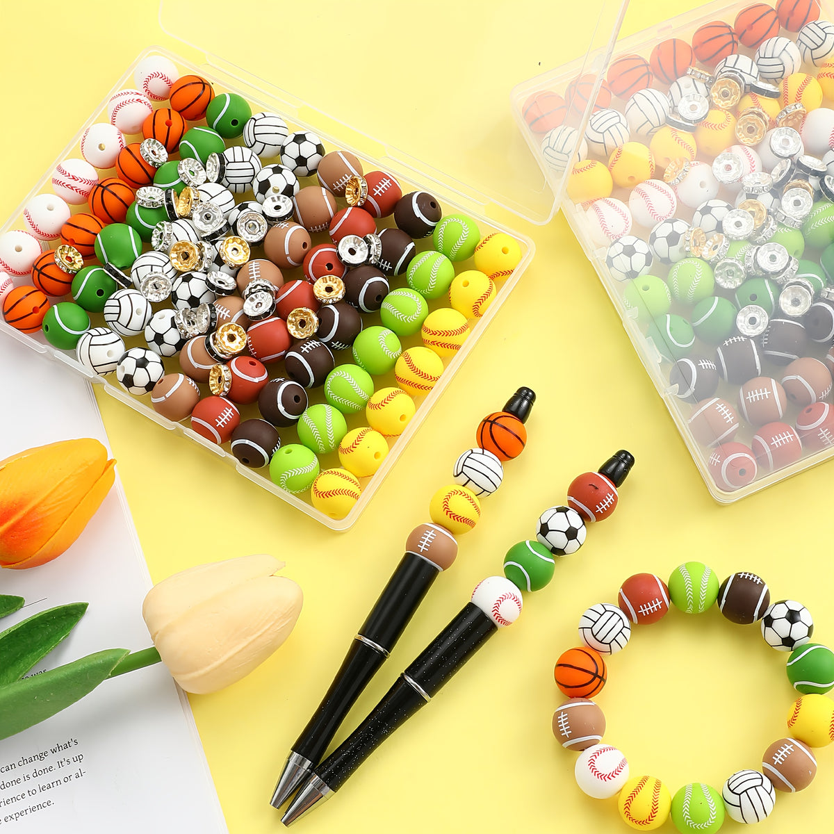 Sports Ball Silicone Bead Set by Foyotri, Listed 103 Pieces with 15mm Round Straight-Hole Beads in Mixed Colors for DIY Bracelets, Jewelry and Decorative Crafts