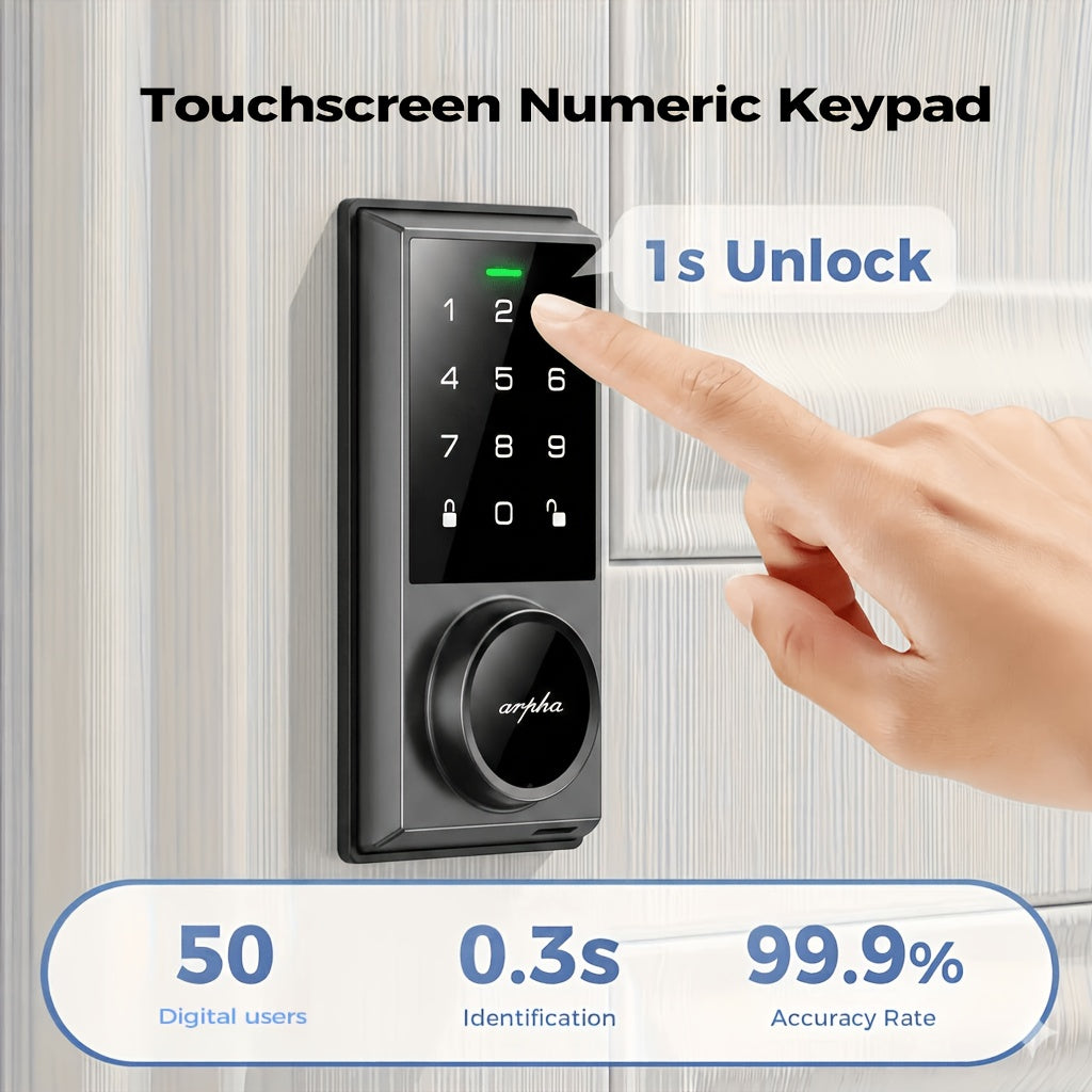 Touchscreen Smart Deadbolt Lock by ARPHA in Black with Digital Keypad, WiFi App Control, Auto-Lock and Anti-Peeping Password Features for Compatible Doors