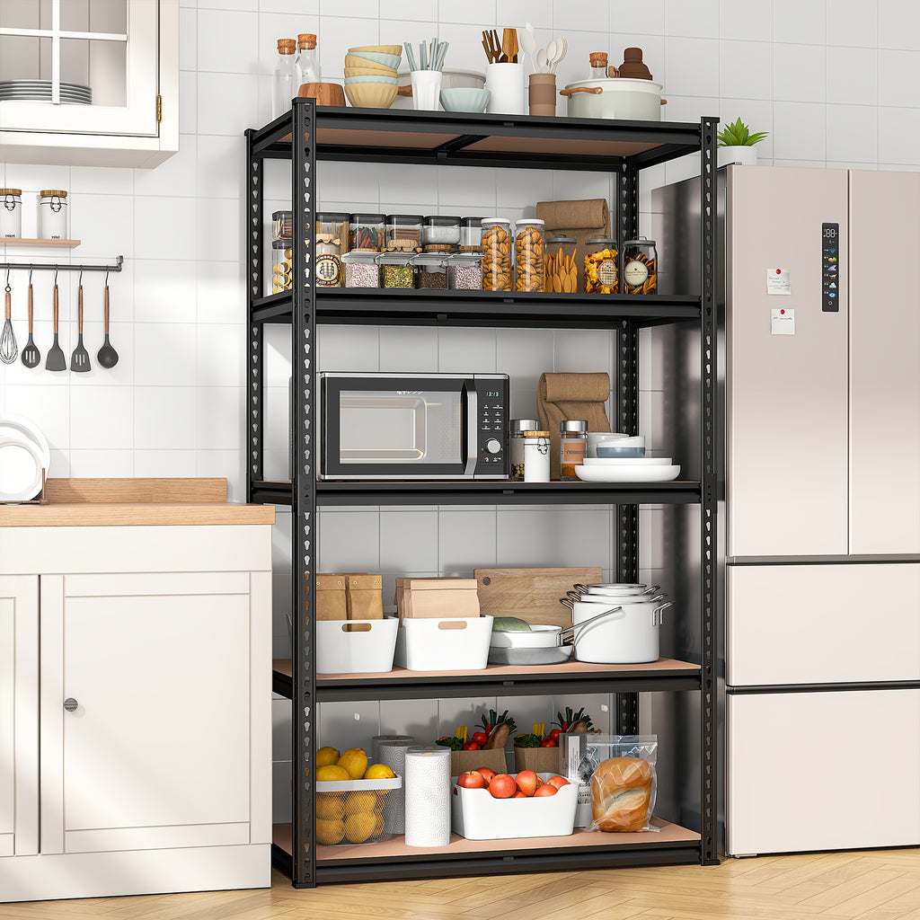Five-Tier Garage Storage Shelving with Adjustable Shelf Heights, Listed 72-Inch Metal-Frame Rack in Black or Galvanized Options for Pantry and Basement Organization