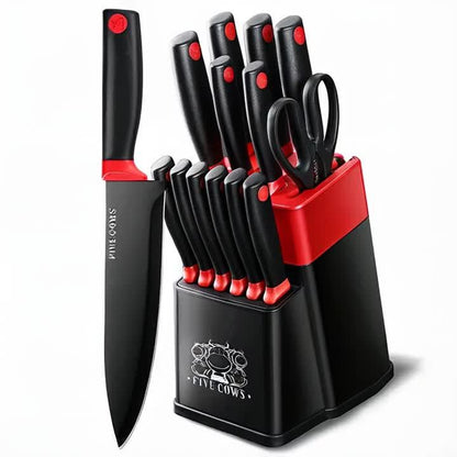 High Carbon Stainless Steel Knife Set with Manual Sharpener and Holder Base, Plastic Handle Kitchen Collection in 14-Piece and 13+1 Color-Labeled Options