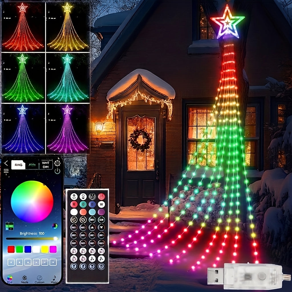Waterfall Christmas Tree Lights with Star and Listed 350 LEDs, 11.8ft RGB Music-Sync Holiday Display with Remote, App Control, Timer and USB Power