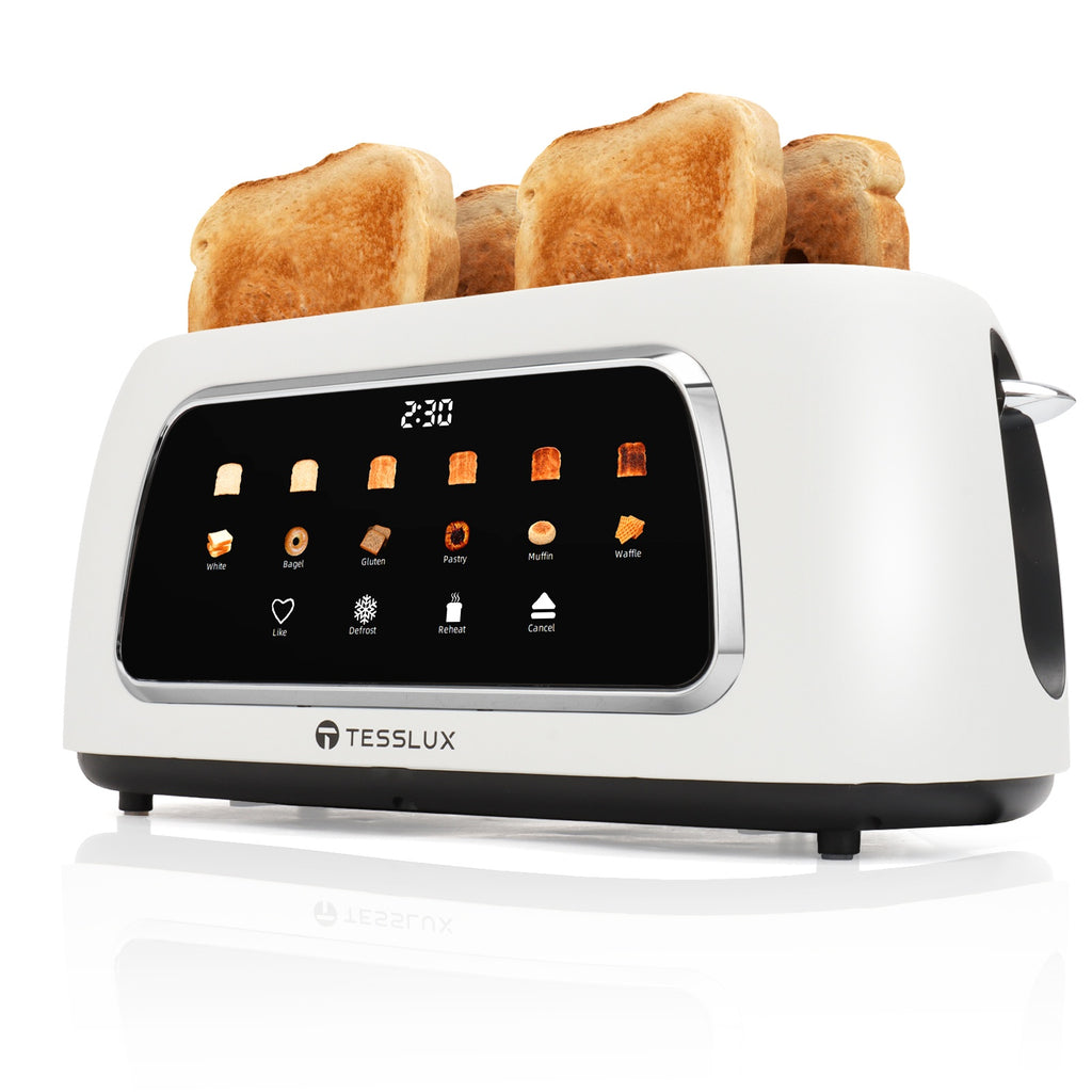 TESSLUX Four Slice Touchscreen Toaster with 1.5-Inch Wide Long Slots, Six Browning Levels and Bread Types, Digital Timer, Memory, Defrost and Reheat