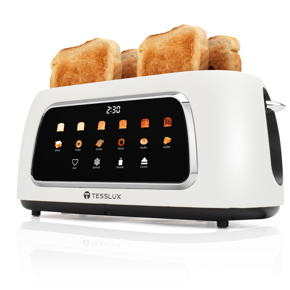 TESSLUX Four Slice Touchscreen Toaster with 1.5-Inch Wide Long Slots, Six Browning Levels and Bread Types, Digital Timer, Memory, Defrost and Reheat