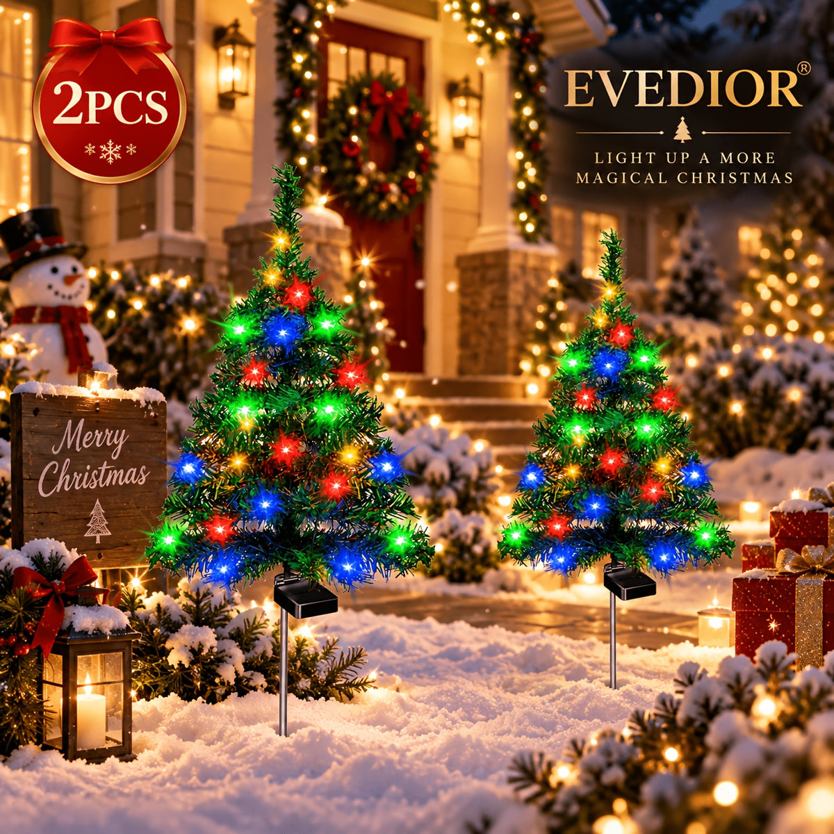 Solar Christmas Tree Lights with Listed IP65 Rating, Plastic Outdoor Holiday Decorations in One, Two or Four-Piece Options for Lawns, Terraces and Balconies