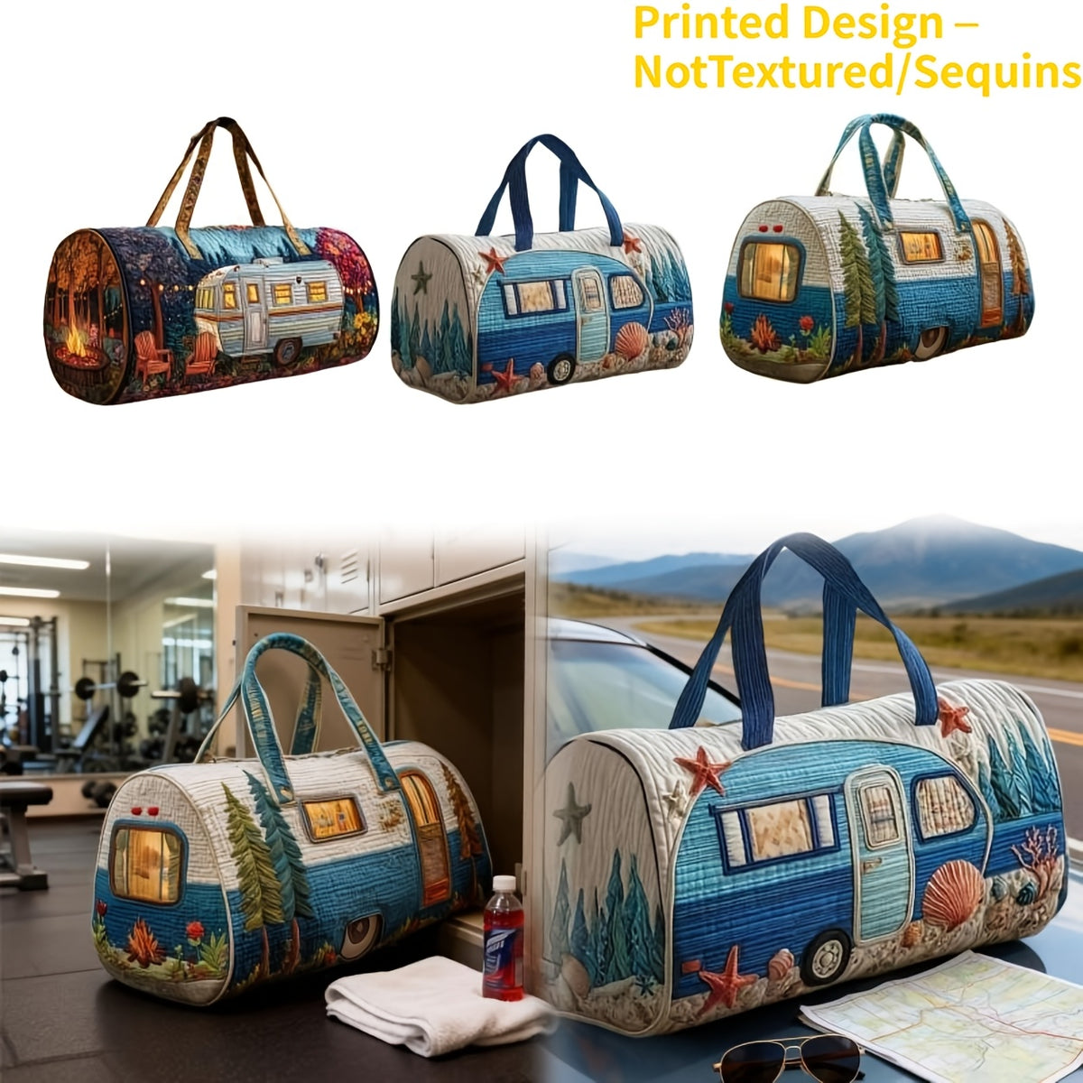 Boho Printed Weekend Travel Bag, Type A Shoulder Strap Tote with Flat Vintage-Inspired Styling for Overnight Trips and Gym Packing, No Sequins or Raised Texture