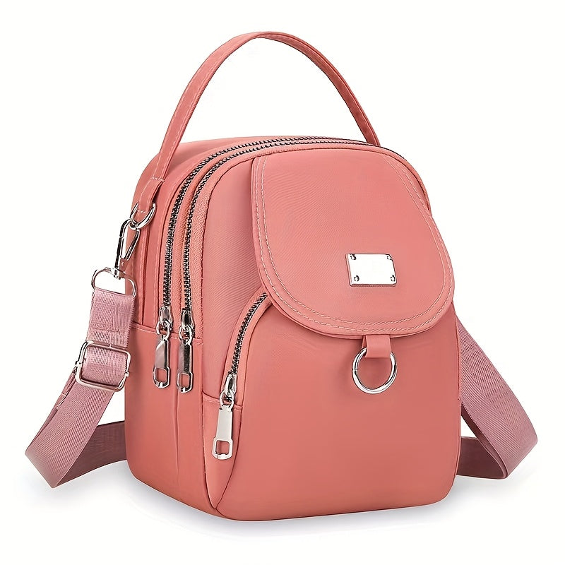 Mini Crossbody Bag for Women in Nylon with Multiple Zipper Compartments, Front Pocket and Detachable Adjustable Strap, Four Colors for Casual Outings