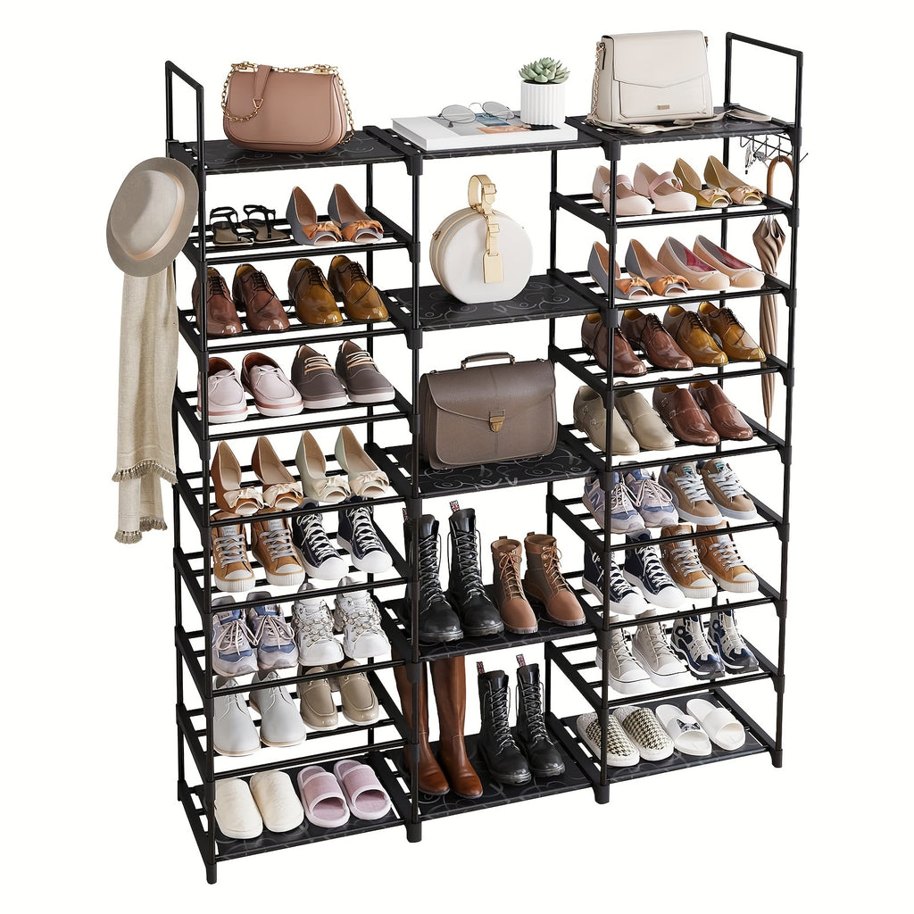 Nine-Tier Shoe Rack with Hooks, Black Metal Stackable Footwear Organizer with Listed 50–55 Pair Capacity for Entryway, Bedroom and Closet Storage