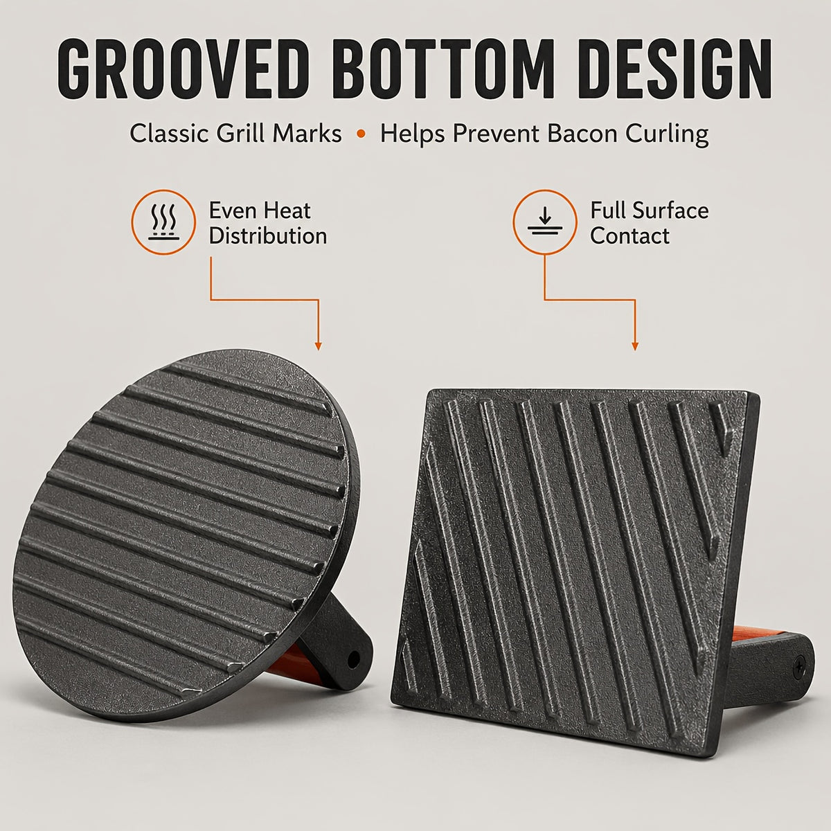 Cast Iron Bacon Press by Vivicreate, Round Heavy-Duty Grill and Meat Press for Bacon, Steak and Toasted Sandwiches, Kitchen and Outdoor Cooking Tool