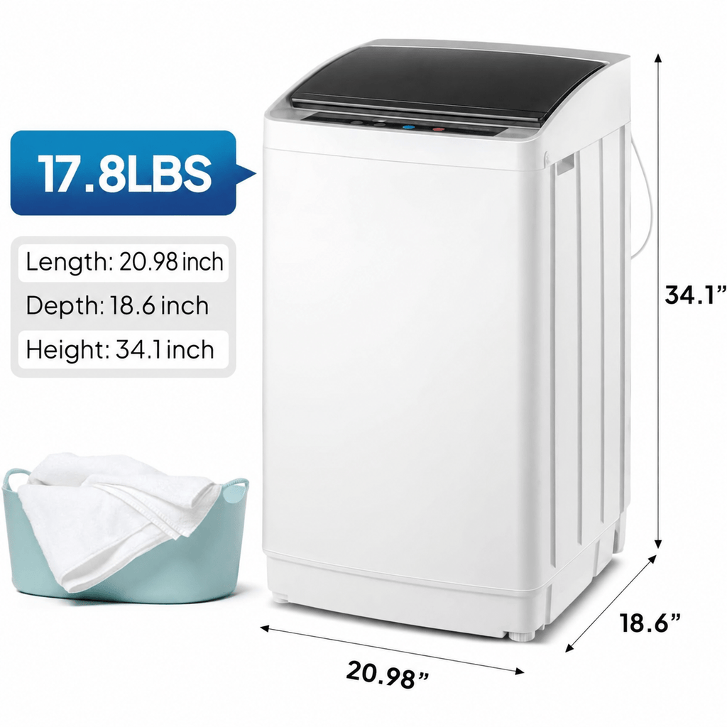 Compact Washing Machine with Drain Pump, Fully Automatic 17.8 lbs Portable Laundry Washer with Stainless Steel Tub, 110V Top Load for Apartments, Dormitories, RVs, Campers and Small Homes