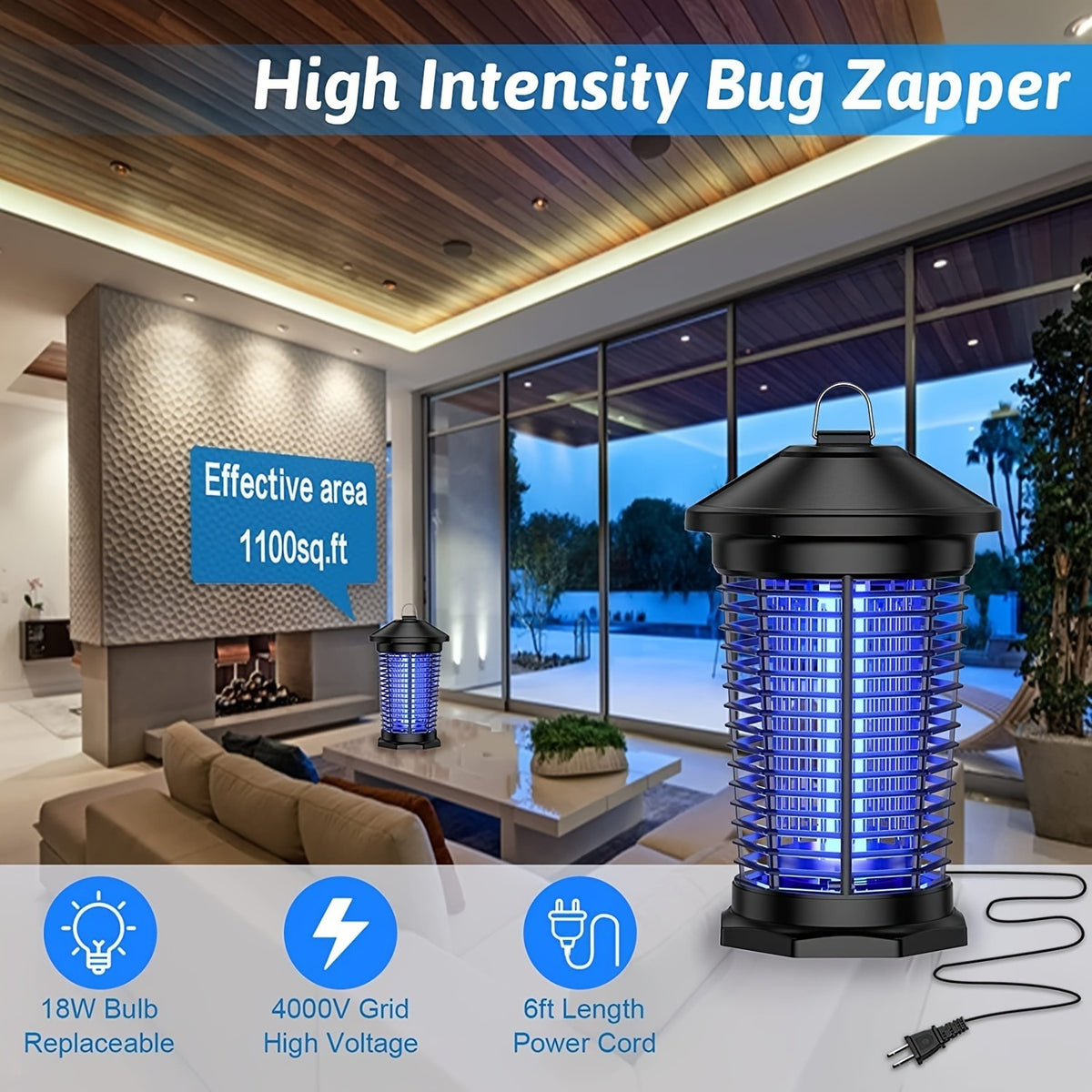 Plug-In Electric Bug Zapper in Black with Listed 18W 365nm Bulb and 4000V Grid, 6ft Cord, Hanging Hook, Removable Collection Tray, Screwdriver and Cleaning Brush