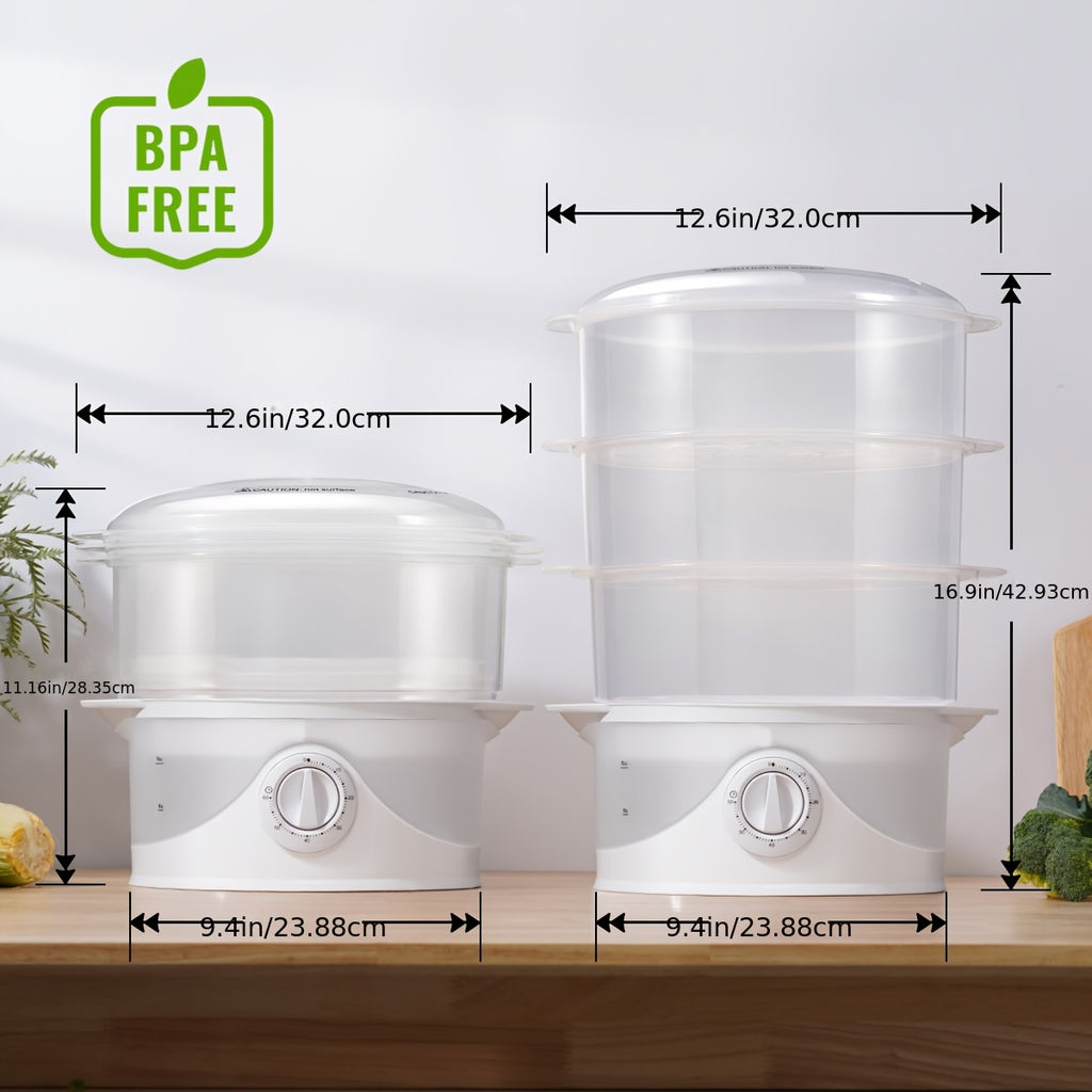 Electric Food Steamer with 3 Tiers, 9.6QT Capacity and 800W Power, White Vegetable and Dumpling Steamer with 60-Minute Timer and Boil-Dry Protection