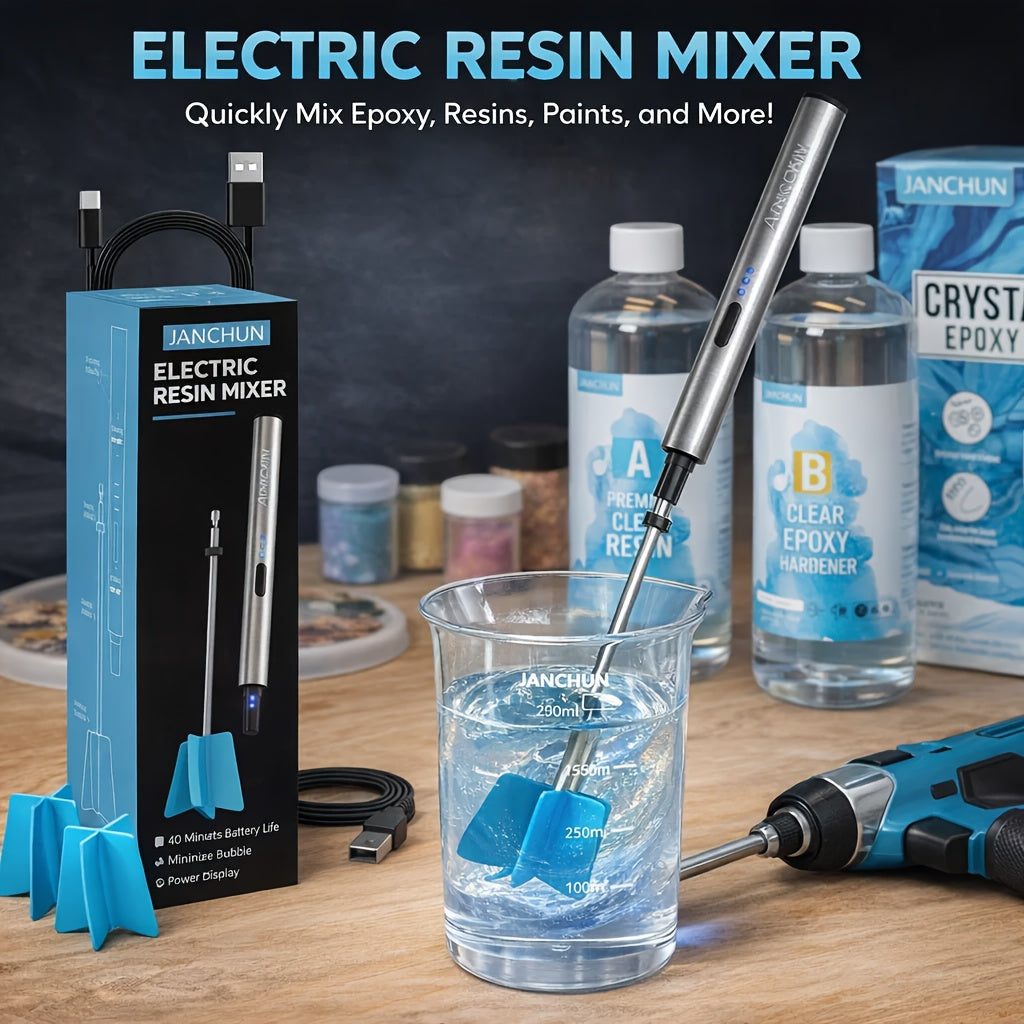 Electric Epoxy Resin Mixer by JANCHUN, Sky Blue Handheld Craft Mixing Tool with Four Reusable Paddles, Two Stirring Sticks and USB Charging Cord for Compatible Resin Projects