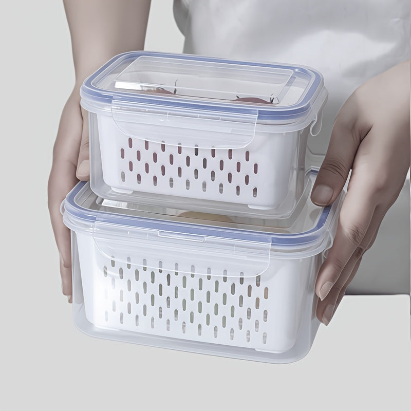 Fruit Storage Boxes with Removable Colanders, M+L Refrigerator Organizer Set in PP Plastic with Two Boxes and Two Drain Baskets, Four Pieces Total