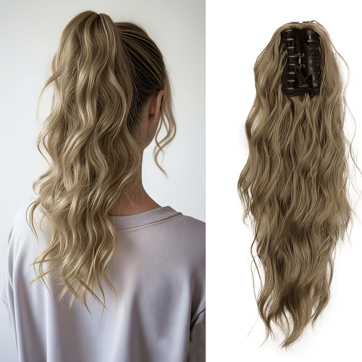 16-Inch Water Wave Ponytail Extension for Women, Synthetic Curly Hairpiece with Clip Attachment and Multiple Color Options for Daily Wear and Parties