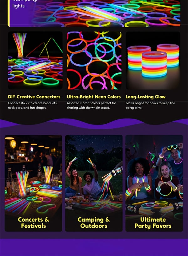 Glow Sticks Party Pack by SYNCFUN, 100 Eight-Inch Sticks with 100 Connectors and Seven Listed Colors for Bracelets, Necklaces and Holiday Celebrations