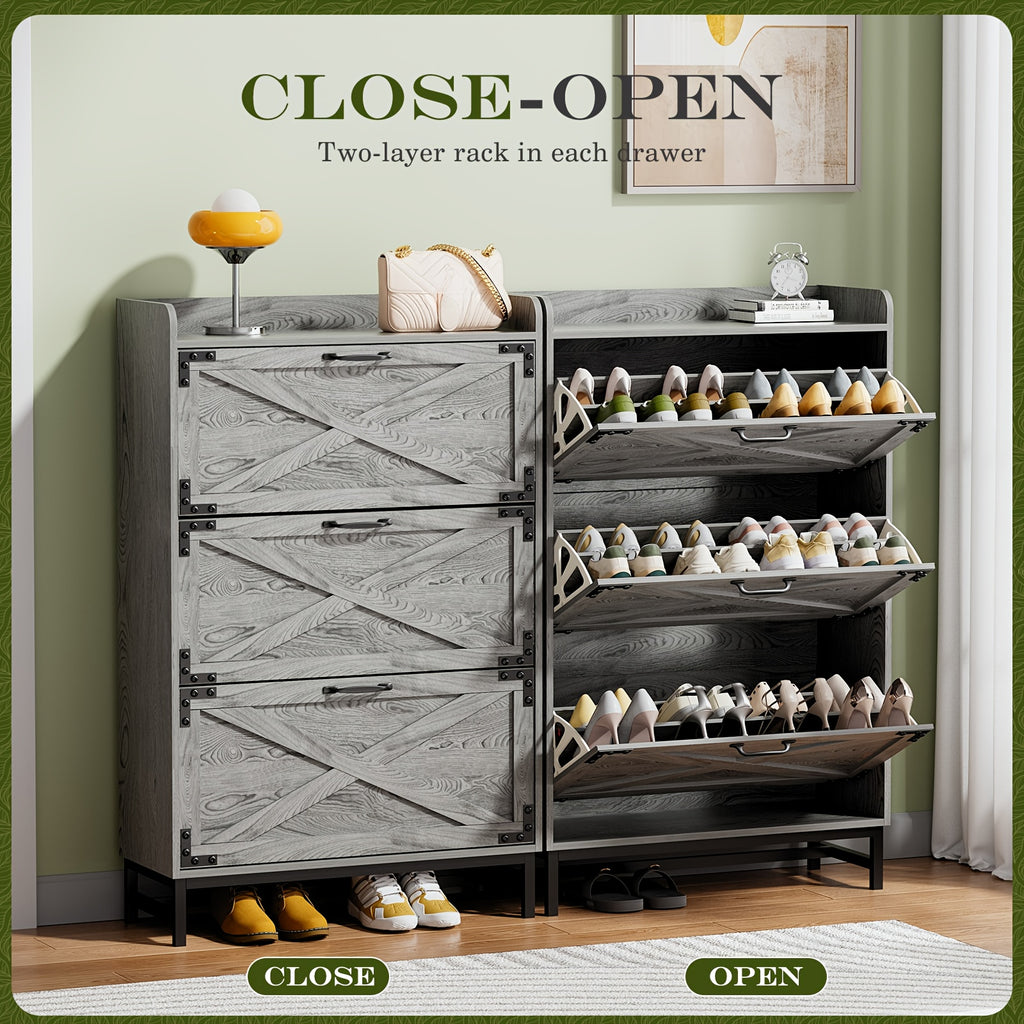 Shoe Storage Cabinet for Entryway and Hallway Organization, Black Upgrade or White Two, Three and Four-Door Options with Listed Flip-Drawer Storage Features
