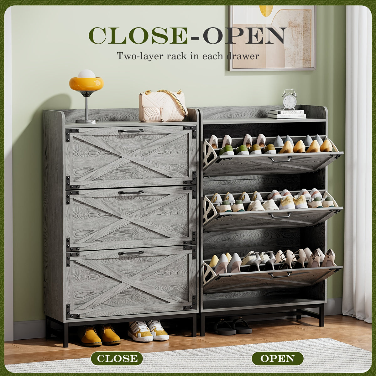Shoe Storage Cabinet for Entryway and Hallway Organization, Black Upgrade or White Two, Three and Four-Door Options with Listed Flip-Drawer Storage Features